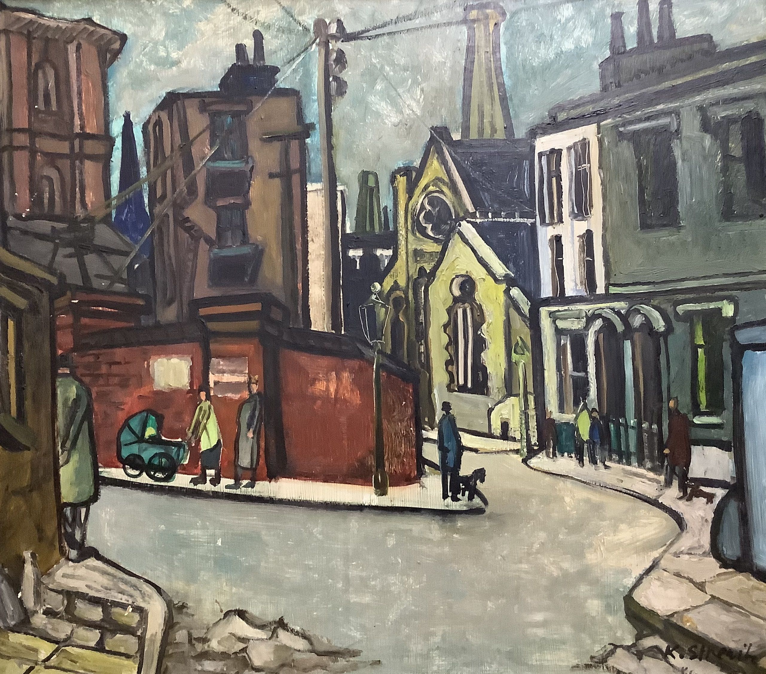 Kathe Strenitz, oil on board, Street scene, signed, 53 x 60cm